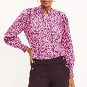 LOFT Pink White Smocked Floral Long Sleeve Cotton Blouse - Size S